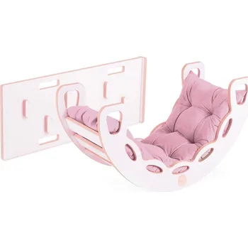 Dětský pokoj PLUSH NEST Dřevěné houpátko Mini 4v1 se skluzavkou, lezeckou stěnou a polštářem (růžový samet, bílá)