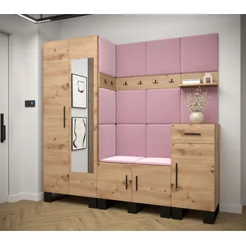 Předsíňová stěna Předsíňová sestava RUMIE 13 - dub artisan, růžové panely