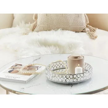 Dekorativní podnos stříbrný kovový se zrcadlovým efektem kulatý s ozdobnými kamínky dekorativní doplněk Beliani