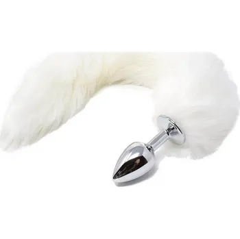 Anální kolík Sněhově bílý liščí ocas s kovovým análním kolíkem 45 cm