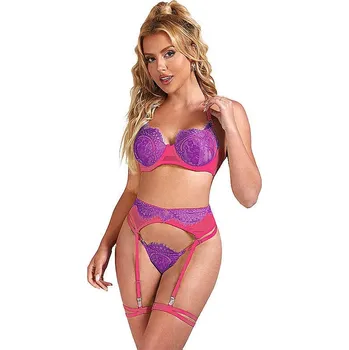 Dámská erotická souprava Subblime Bra Set With Lace And Garter Lines (Pink and Purple), sexy souprava prádla L/XL