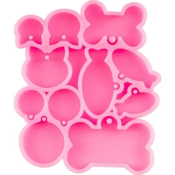 Růžová silikonová forma mix tvarů 11,5 x 9,7 cm ryba kost kočka ovál kolečka na odlévání pryskyřice výrobu přívěsků klíčenek a ozdob