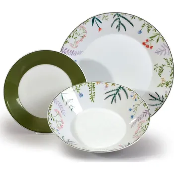 Talíř Thun 1794 Tom, sada talířů, český porcelán, rostlinky, Thun, 18 ks, 27 cm, 22 cm, 19 cm, zelená, luční kvítí