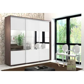 Šatní skříň Třídveřová šatní skříň se zrcadlem 250 cm LUCA - čokoláda / bílá