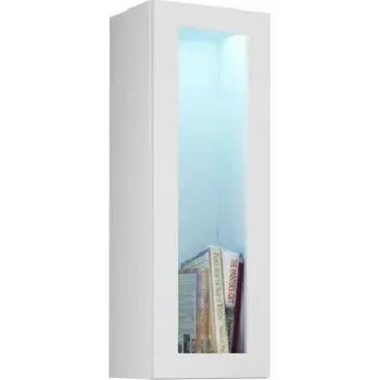 Policová skříň Závěsná vitrína s LED modrým osvětlením ASHTON - bílá / lesklá bílá