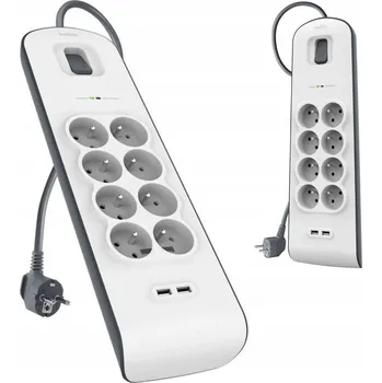 Přepěťová ochrana Belkin přepěťová ochrana s 8 zásuvkami, 900J, 2M, 2 porty USB-A 2.4A, bílá