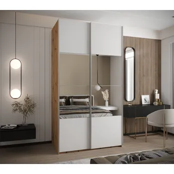 Šatní skříň Dvoudveřová skříň SAMARA 4 - 130 cm, dub artisan / bílá / stříbrná