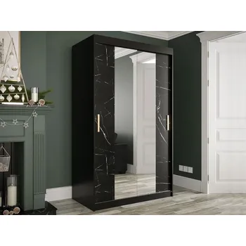 Šatní skříň Úzká šatní skříň 120 cm se zrcadlem a šuplíky CARSON 3 - černý mramor / černá / zlatá