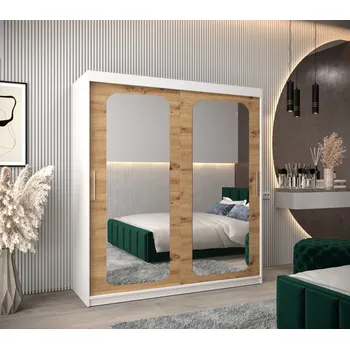 Šatní skříň Zrcadlová skříň DONICELA 2 - 180 cm, bílá / artisan