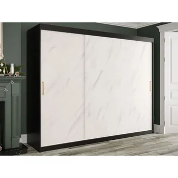 Šatní skříň Moderní velká šatní skříň 250 cm CARSON 2 - bílý mramor / černá / zlatá