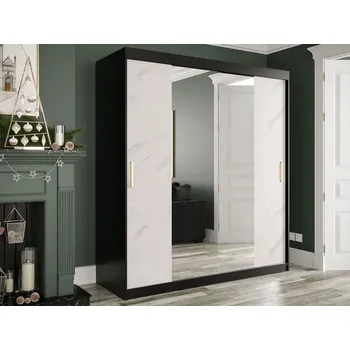 Šatní skříň Šatní skříň 180 cm se zrcadlem a šuplíky CARSON 3 - bílý mramor / černá / zlatá