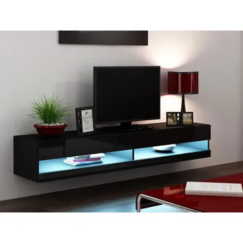 Televizní stolek TV stolek s LED bílým osvětlením 180 cm ASHTON 1 - černý / lesklý černý