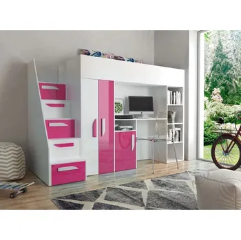 Dětská postel Zvýšená multifunkční postel 90x200 GRACLA - bílá / lesklá bílá / lesklá růžová