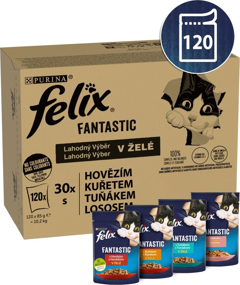 Felix Fantastic kapsičky pro kočky hovězí, kuře, tuňák, losos v želé 120x85g