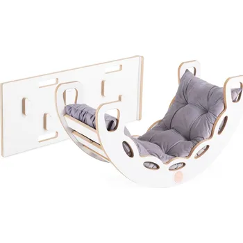 Dětský pokoj PLUSH NEST Dřevěné houpátko Mini 4v1 se stěnou na lezení a skluzavkou + polštář (sametově šedý), bílá dřevěná konstrukce