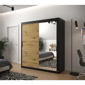 Šatní skříň Skříň s grafikou a zrcadlem JANETTE 3 - šířka 180 cm, černá / dub artisan