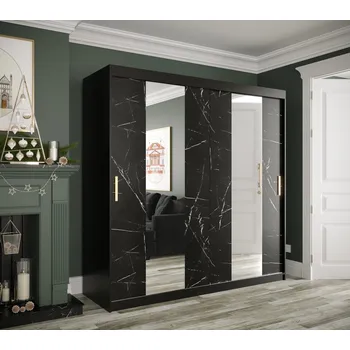 Šatní skříň Šatní skříň s posuvnými dveřmi a zrcadly MAREILLE 4 - šířka 200 cm, černá / černý mramor