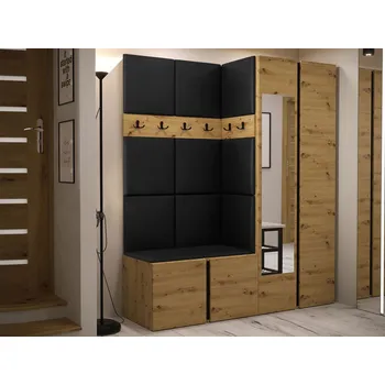 Předsíňová stěna Stěna do předsíně s čalouněnými panely 42x42 SELAND 10 - dub artisan / černá ekokůže