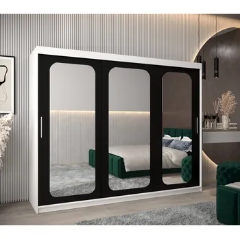 Šatní skříň Zrcadlová skříň DONICELA 2 - 250 cm, bílá / černá