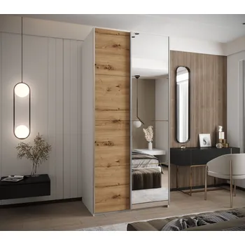 Šatní skříň Dvoudveřová skříň SAMARA 3 - 100 cm, bílá / dub artisan / stříbrná