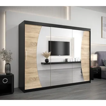 Šatní skříň Skříň s posuvnými dveřmi SIMONA - 250 cm, černá / dub sonoma