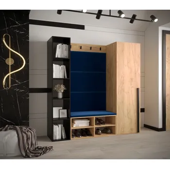 Předsíňová stěna Stěna do předsíně s čalouněnými panely HARRISON - dub zlatý, modré panely