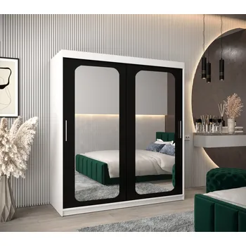 Šatní skříň Zrcadlová skříň DONICELA 2 - 180 cm, bílá / černá