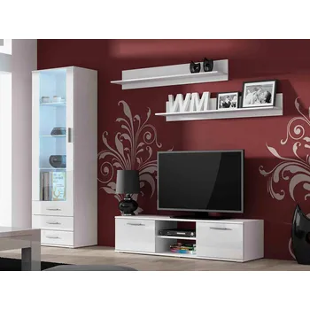 Obývací stěna Obývací stěna s LED modrým osvětlením KARA 7 - bílá / lesklá bílá