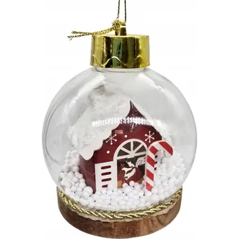 Vánoční dekorace Vánoční koule na vánoční stromek svítící LED sněhová koule domeček dřevo nerozbitná 8 cm