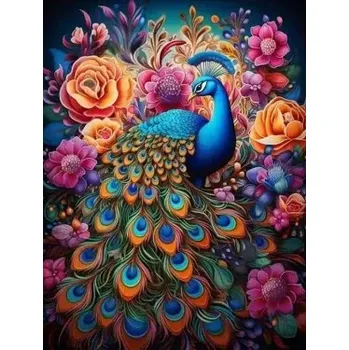 Diamantové malování Diamantové malování/Homfun - Barevný páv v květinách + třpytivé kamínky