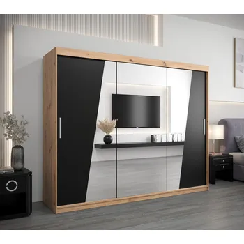 Šatní skříň Skříň s posuvnými dveřmi GABRIELA - šířka 250 cm, dub artisan / černá