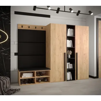 Předsíňová stěna Velká stěna do předsíně s čalouněnými panely HARRISON - dub zlatý, černé panely z ekokůže