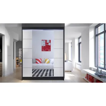 Šatní skříň Zrcadlová šatní skříň 150 cm s posuvnými dveřmi a LED osvětlením PIRITU 5 - černá / bílá