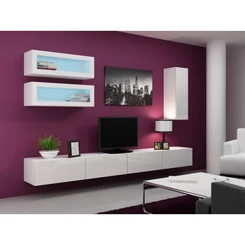 Obývací stěna Obývací stěna s LED modrým osvětlením ASHTON 11 - bílá / lesklá bílá