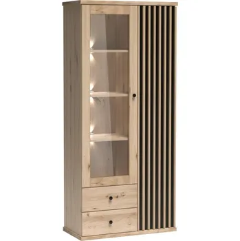 Policová skříň Vysoká vitrína s LED osvětlením ORURO - dub artisan / černá