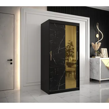 Šatní skříň Designová šatní skříň se zlatým zrcadlem MADLA 2 - šířka 100 cm, černá
