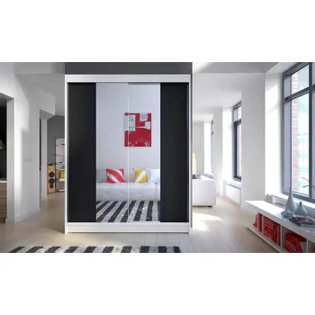 Šatní skříň Zrcadlová šatní skříň CHANNA 2 - šířka 150 cm, bílá / černá