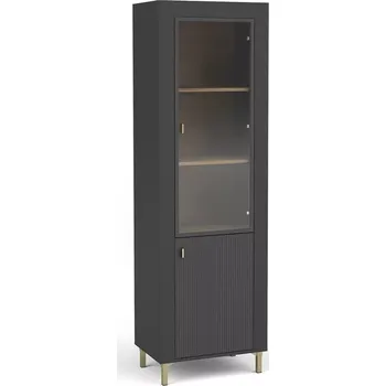 Policová skříň Úzká prosklená vitrína AUROVA - černá / dub whiskey