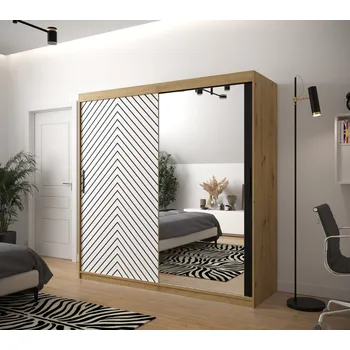 Šatní skříň Skříň s grafikou a zrcadlem JANETTE 3 - šířka 200 cm, dub artisan / bílá
