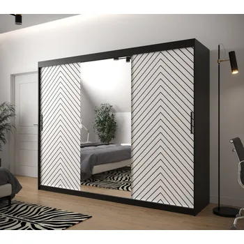 Šatní skříň Skříň s grafikou a zrcadlem JANETTE 3 - šířka 250 cm, černá / bílá