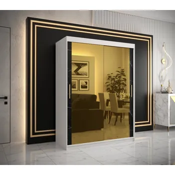 Šatní skříň Designová šatní skříň se zlatým zrcadlem MADLA 3 - šířka 150 cm, bílá / černá