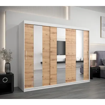Šatní skříň Skříň s posuvnými dveřmi DORA - šířka 250 cm, bílá / dub artisan