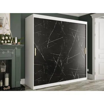 Šatní skříň Moderní velká šatní skříň 200 cm se šuplíky CARSON 2 - černý mramor / bílá / zlatá
