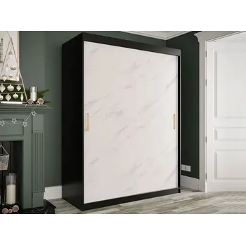 Šatní skříň Moderní šatní skříň 150 cm se šuplíky CARSON 2 - bílý mramor / černá / zlatá