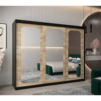 Šatní skříň Zrcadlová skříň DONICELA 2 - 250 cm, černá / sonoma