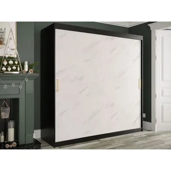 Šatní skříň Moderní velká šatní skříň 200 cm se šuplíky CARSON 2 - bílý mramor / černá / zlatá