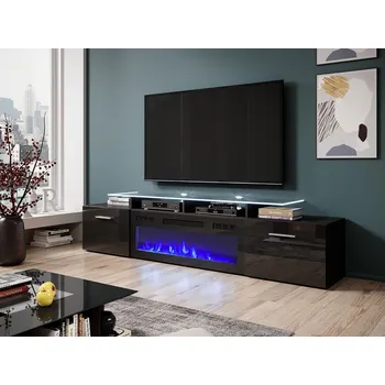 Televizní stolek TV stolek s elektrickým krbem OKEMIA - černý / lesklý černý + LED osvětlení ZDARMA