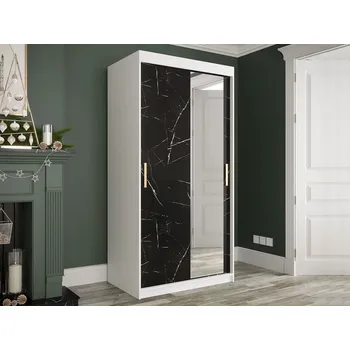 Šatní skříň Úzká šatní skříň 100 cm se zrcadlem CARSON 4 - černý mramor / bílá / zlatá