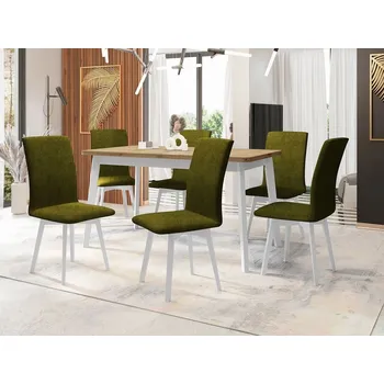 Jídelní stůl Moderní jídelní sestava 6+1 ADELBITE 10 - dub artisan / bílá / tmavá olivová