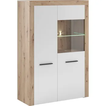 Policová skříň Nízká vitrína s LED osvětlením WYLIE - dub artisan / lesklá bílá